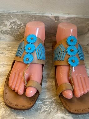 Tan Sandals with Bright Turquoise Beadwork